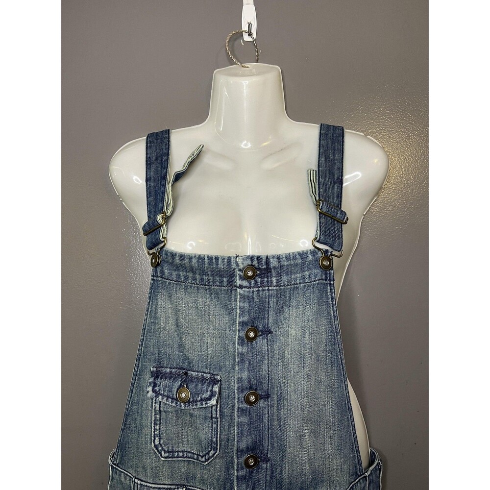 Fringe Overalls Womens Medium Blue Denim Button Front Bib Pockets Adjustable